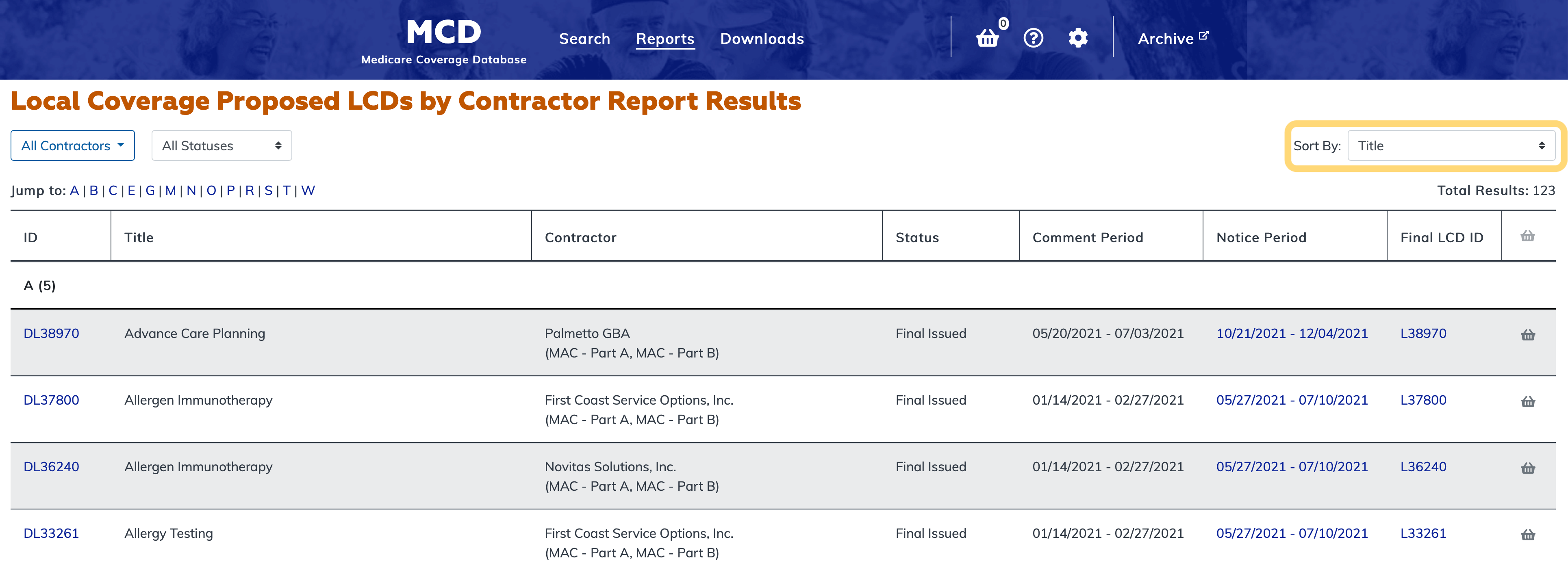 Local Coverage Proposed LCDs by Contractor Report sort option highlighted